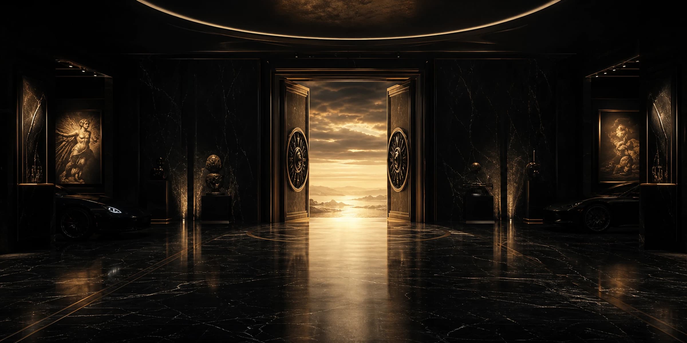 Black marble private vault opening onto a gold horizon